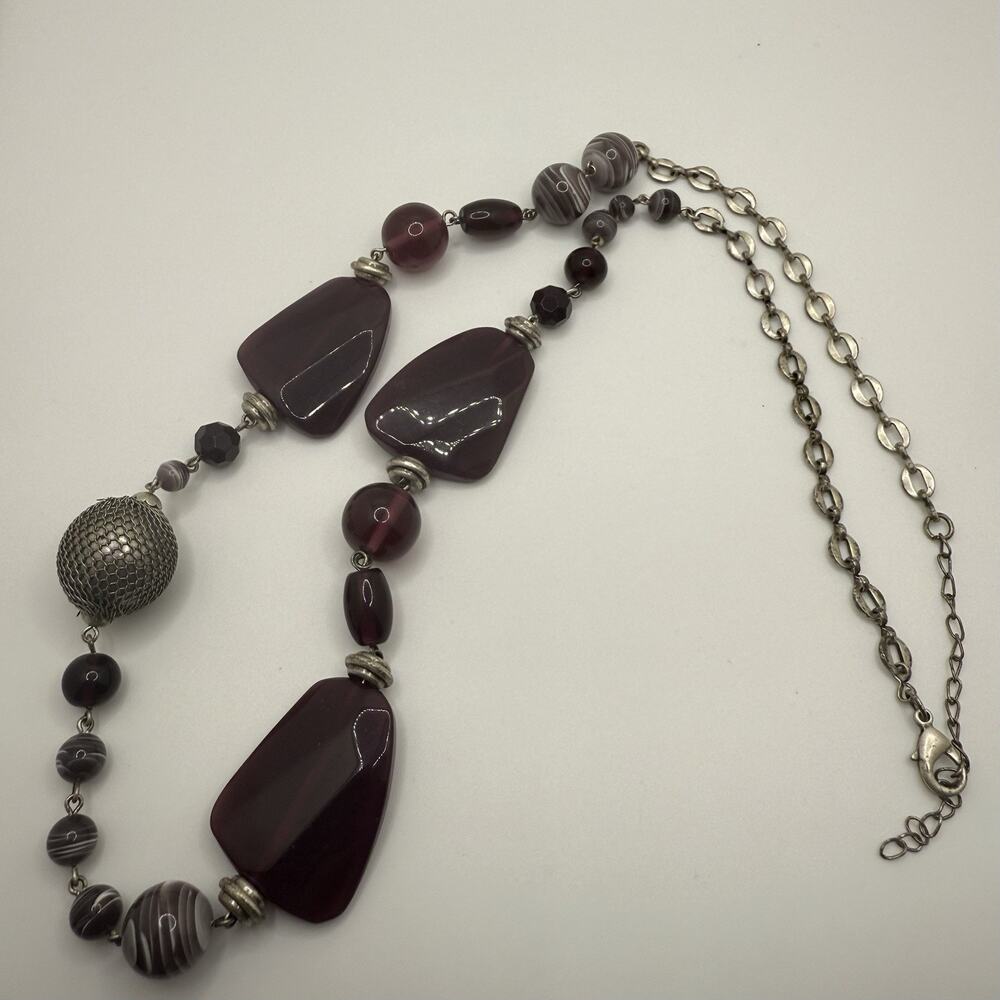 Purple Beaded Necklace Silver Tone Asymmetrical Adjustable 27-30”